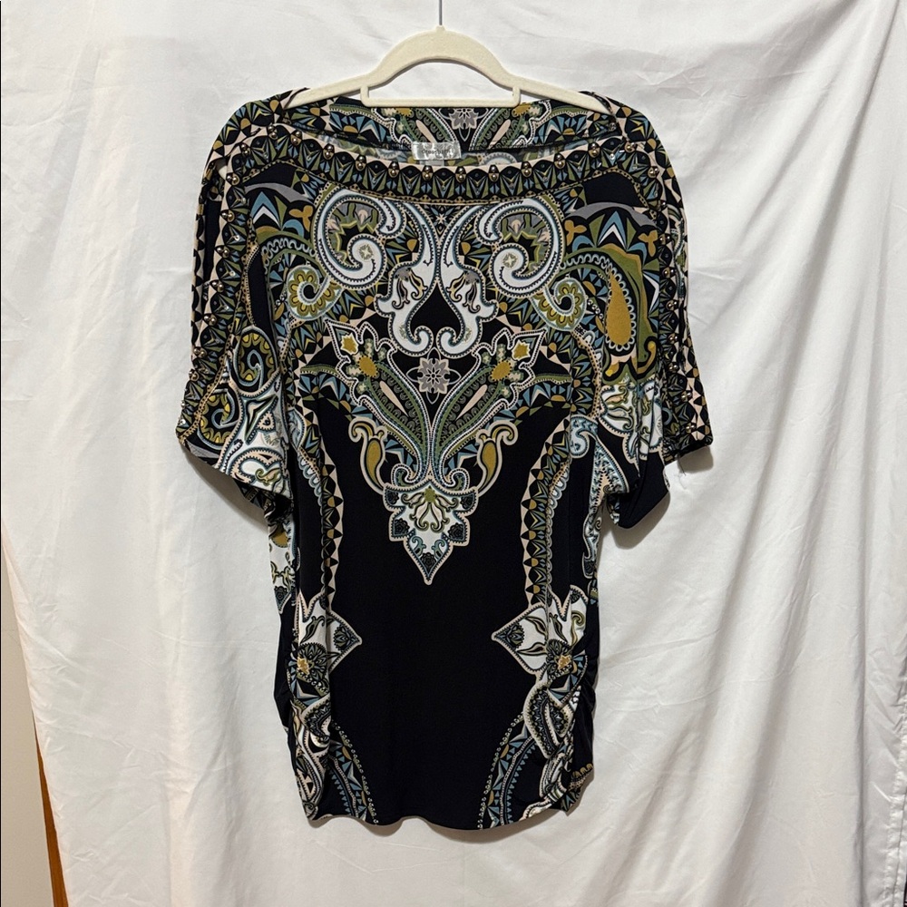 Dressbarn Black and Green Paisley Blouse Goth 1X